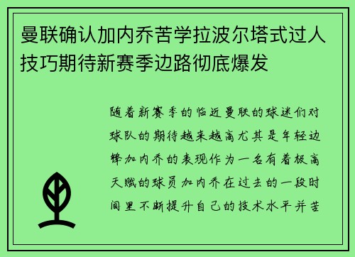 曼联确认加内乔苦学拉波尔塔式过人技巧期待新赛季边路彻底爆发 曼联确认加内乔苦学拉波尔塔式过人技巧期待新赛季边路彻底爆发