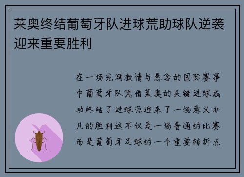 莱奥终结葡萄牙队进球荒助球队逆袭迎来重要胜利